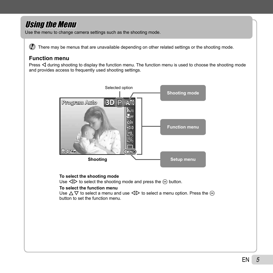 Using the menu, P3d 3d | Olympus SZ-10 User Manual | Page 5 / 84