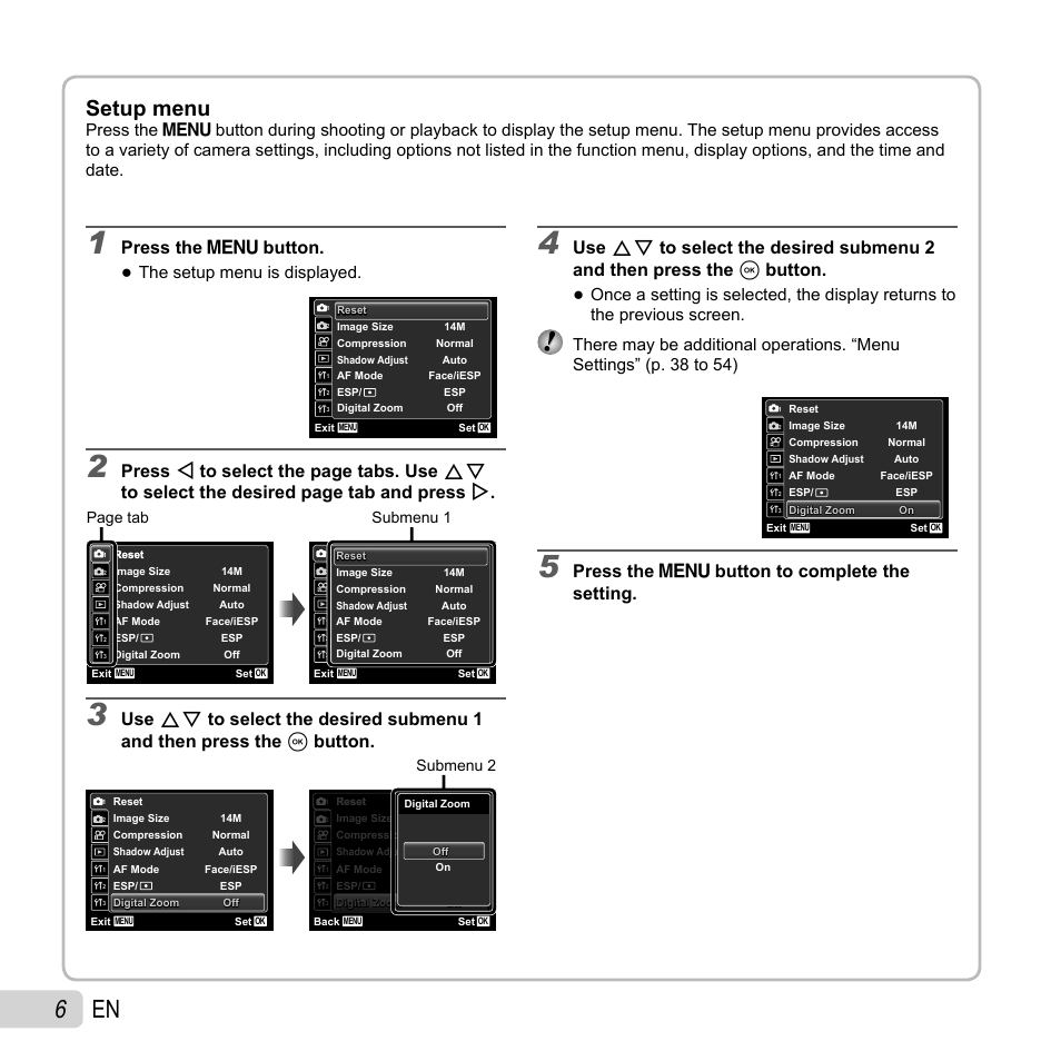 6 en, Setup menu, Press the m button | Press the m button to complete the setting, The setup menu is displayed, Page tab, Submenu 1, Submenu 2 | Olympus SZ-10 User Manual | Page 6 / 84