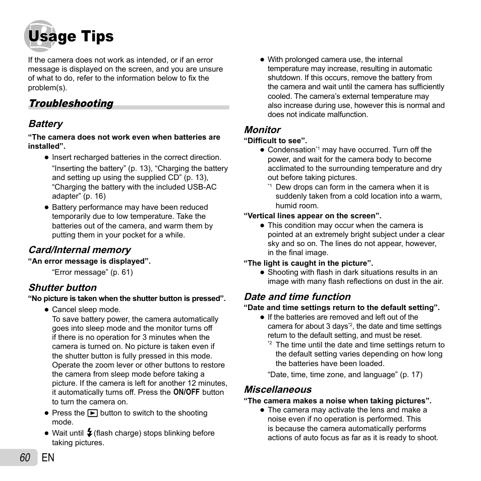 Usage tips, 60 en, Troubleshooting | Battery, Shutter button, Monitor, Date and time function, Miscellaneous | Olympus SZ-10 User Manual | Page 60 / 84