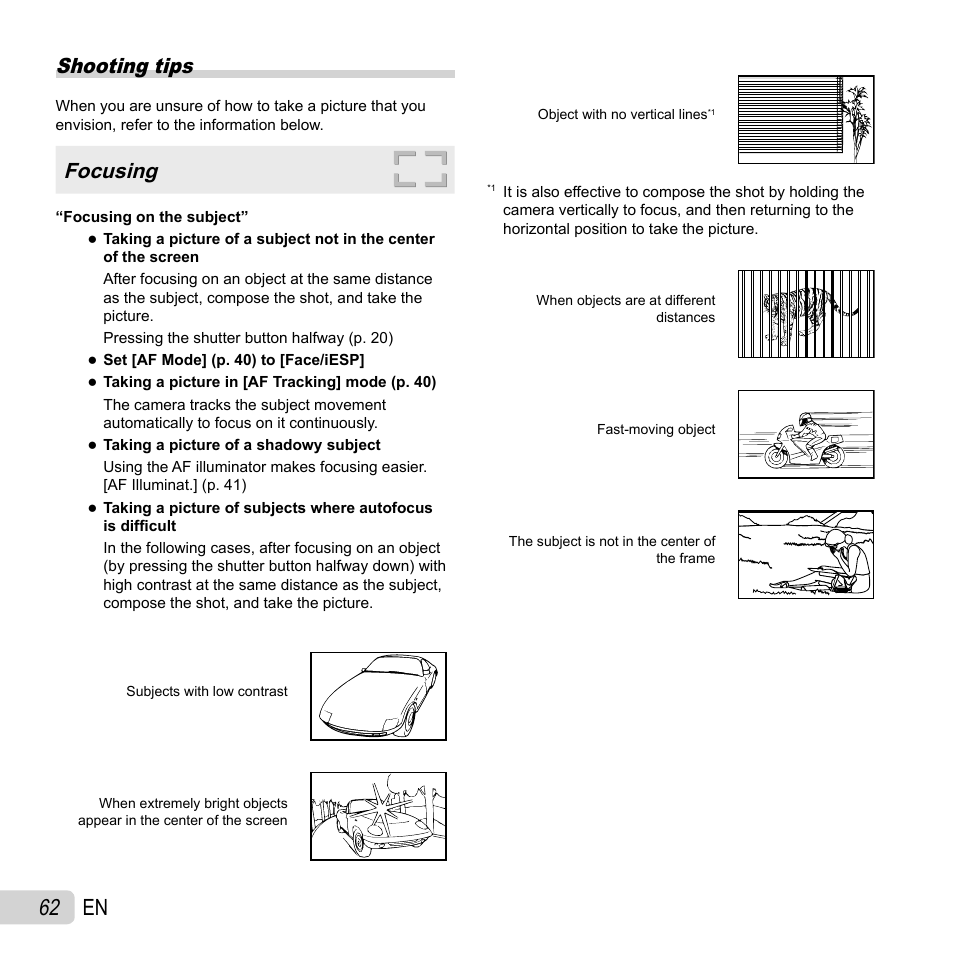 62 en, Shooting tips, Focusing | Olympus SZ-10 User Manual | Page 62 / 84