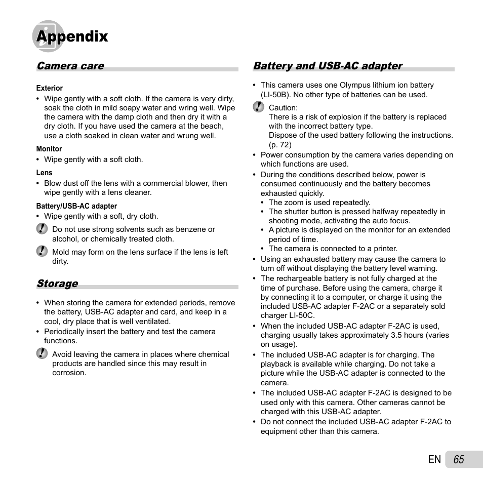 Appendix, 65 en, Camera care | Storage, Battery and usb-ac adapter | Olympus SZ-10 User Manual | Page 65 / 84