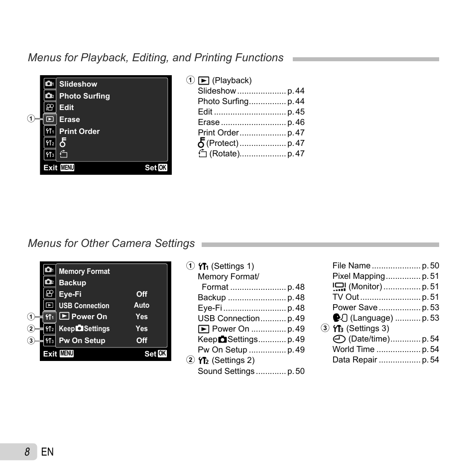 8 en, Menus for other camera settings | Olympus SZ-10 User Manual | Page 8 / 84