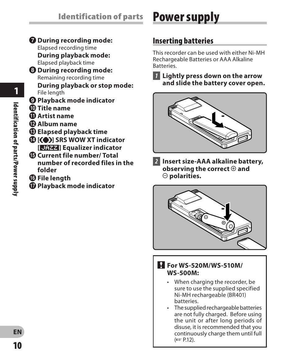 Power supply, Identification of parts, Inserting batteries | Olympus WS-520M User Manual | Page 10 / 72