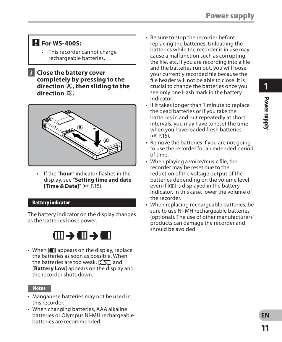Power supply | Olympus WS-520M User Manual | Page 11 / 72
