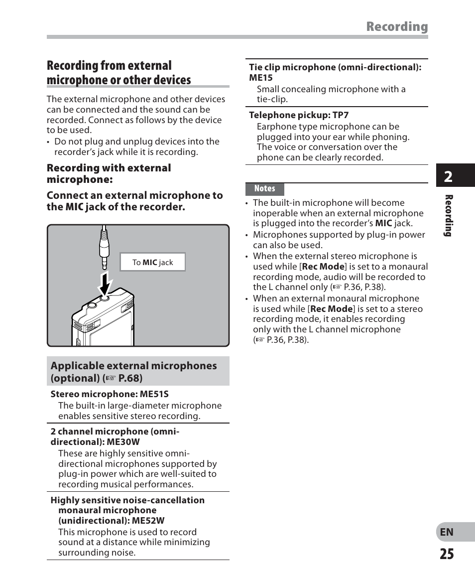 Recording | Olympus WS-520M User Manual | Page 25 / 72