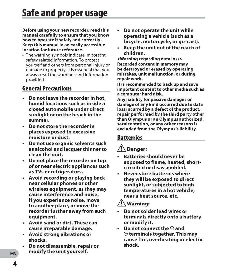 Safe and proper usage, General precautions, Batterries | Olympus WS-520M User Manual | Page 4 / 72