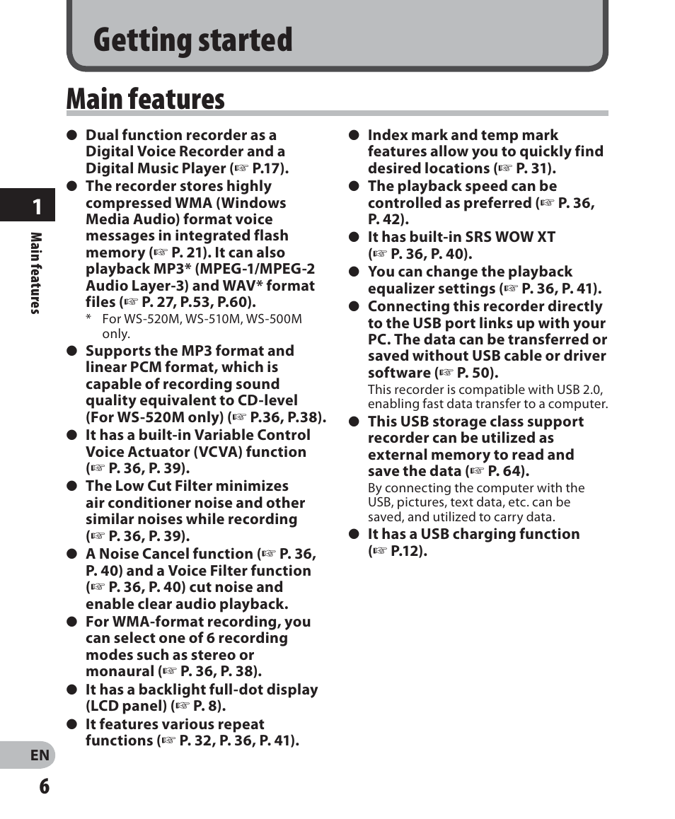 Getting started, Main features | Olympus WS-520M User Manual | Page 6 / 72
