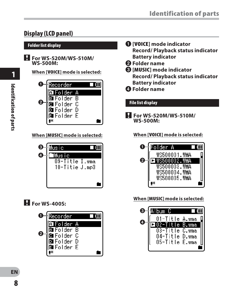 Identification of parts, Display (lcd panel) | Olympus WS-520M User Manual | Page 8 / 72
