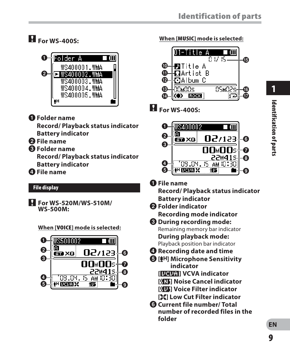 Identification of parts | Olympus WS-520M User Manual | Page 9 / 72