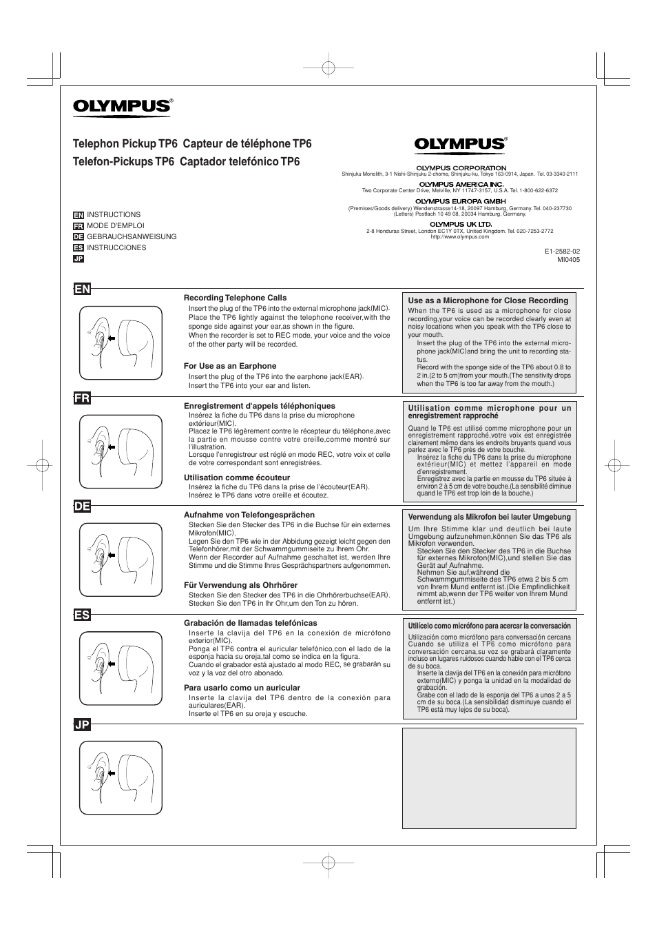 Olympus Telephone Pickup TP-6 User Manual | 2 pages