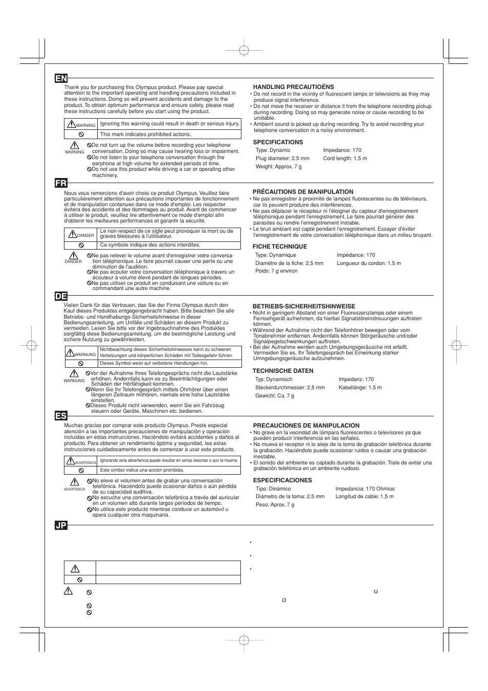 Olympus Telephone Pickup TP-6 User Manual | Page 2 / 2