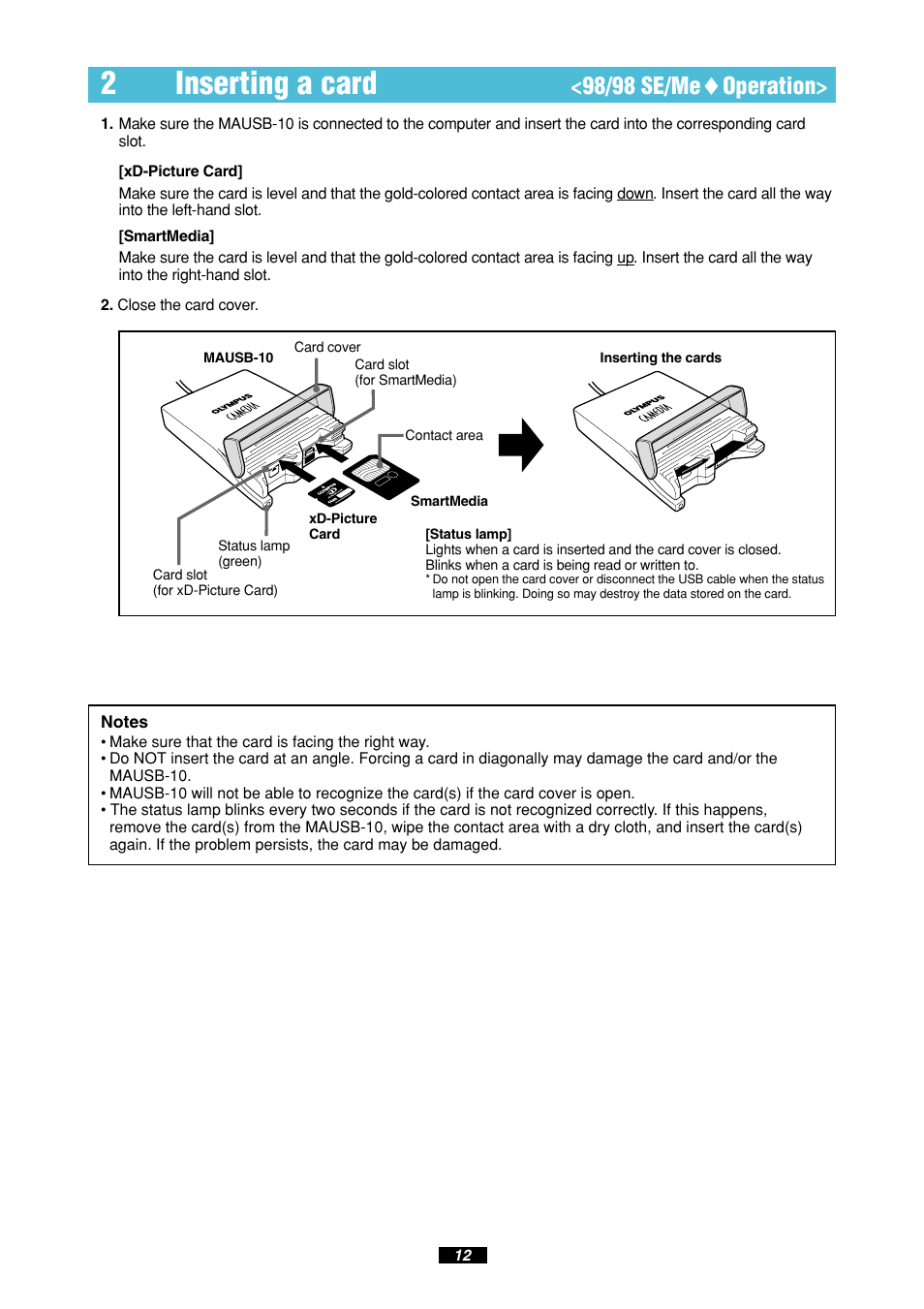 2inserting a card, 98/98 se/me ࡗ operation | Olympus MAUSB-10 User Manual | Page 12 / 52