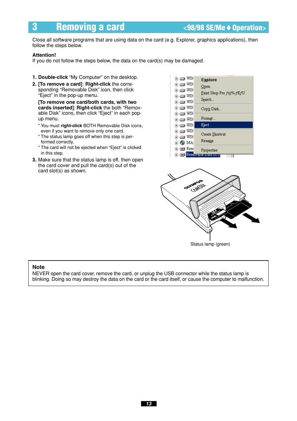 3removing a card, 98/98 se/me ࡗ operation | Olympus MAUSB-10 User Manual | Page 13 / 52