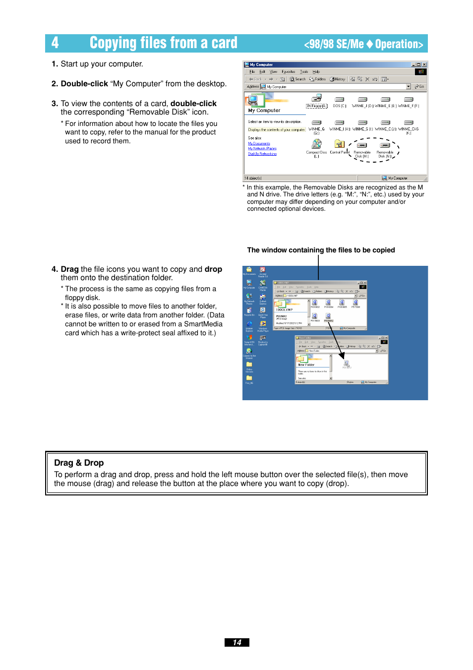 4copying files from a card, 98/98 se/me ࡗ operation | Olympus MAUSB-10 User Manual | Page 14 / 52