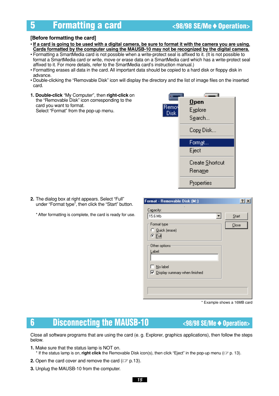 5formatting a card, 6disconnecting the mausb-10, 98/98 se/me ࡗ operation | Olympus MAUSB-10 User Manual | Page 15 / 52