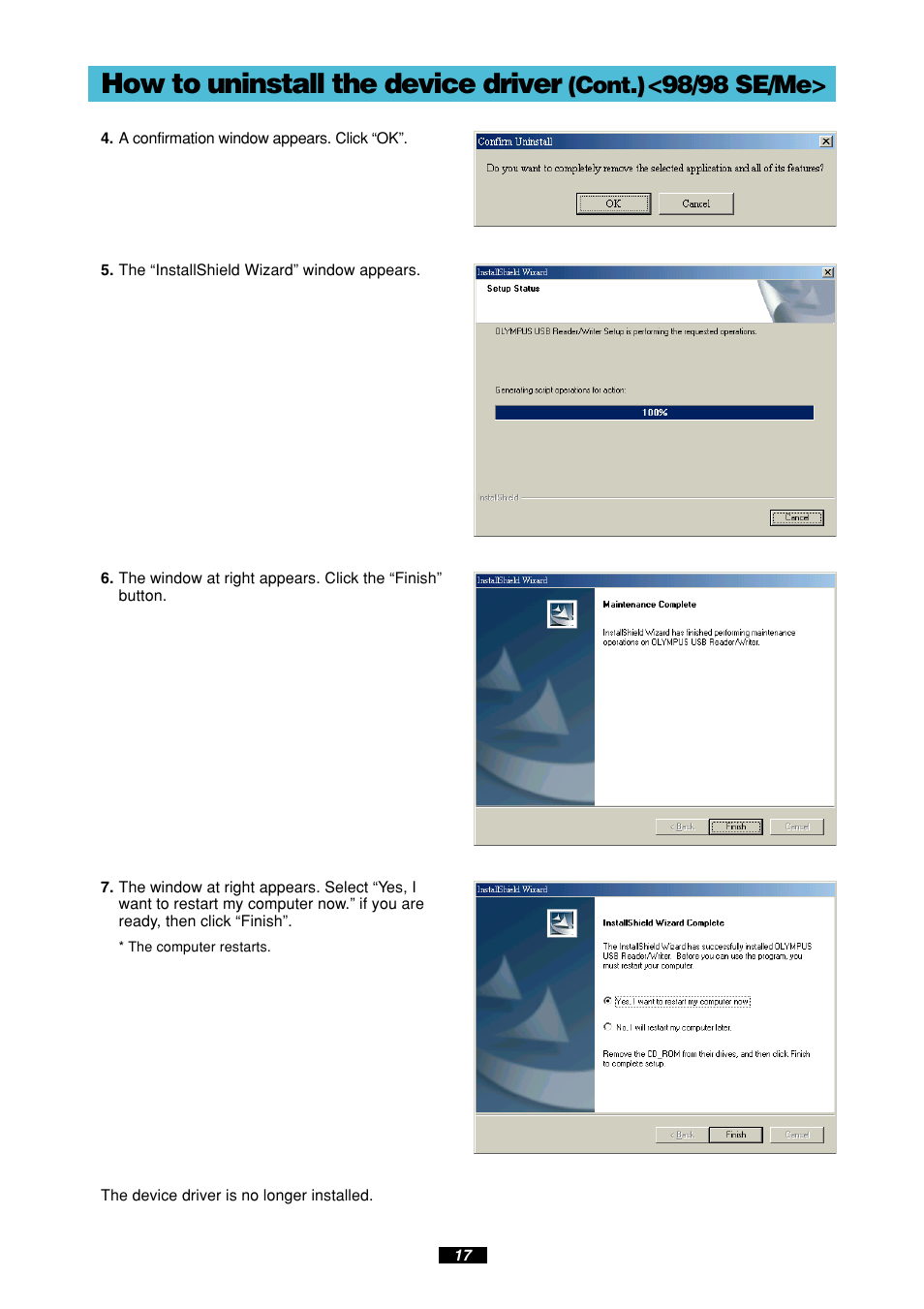 How to uninstall the device driver, 98/98 se/me, Cont.) | Olympus MAUSB-10 User Manual | Page 17 / 52