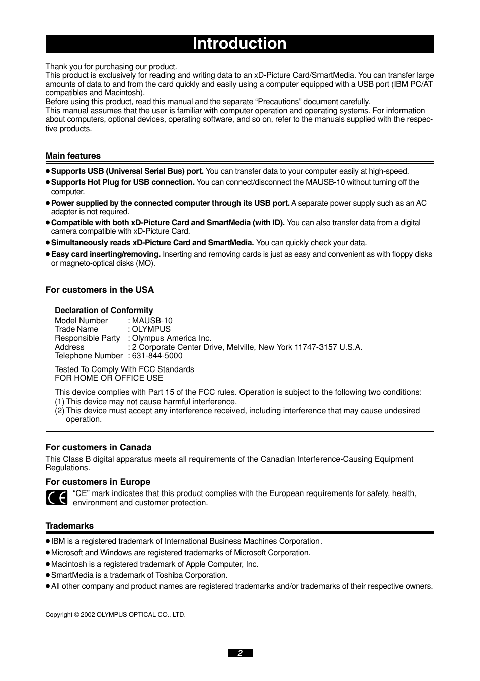 Introduction | Olympus MAUSB-10 User Manual | Page 2 / 52
