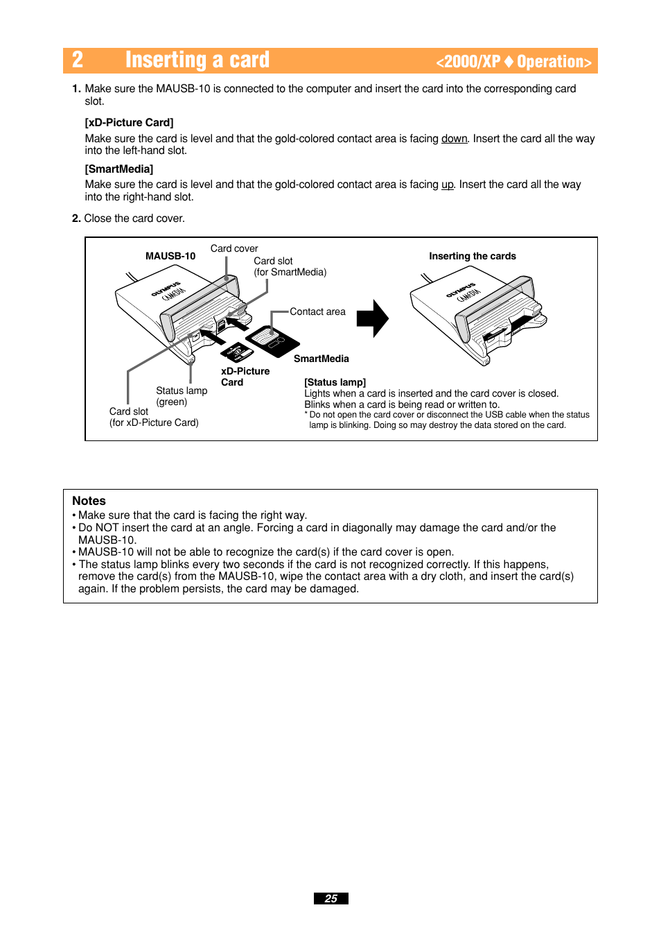 2inserting a card, 2000/xp ࡗ operation | Olympus MAUSB-10 User Manual | Page 25 / 52