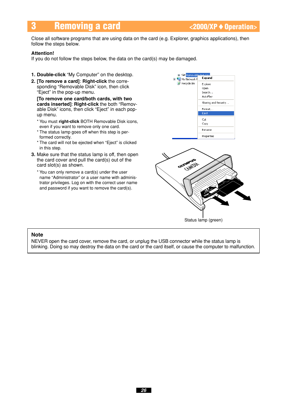 3removing a card, 2000/xp ࡗ operation | Olympus MAUSB-10 User Manual | Page 26 / 52