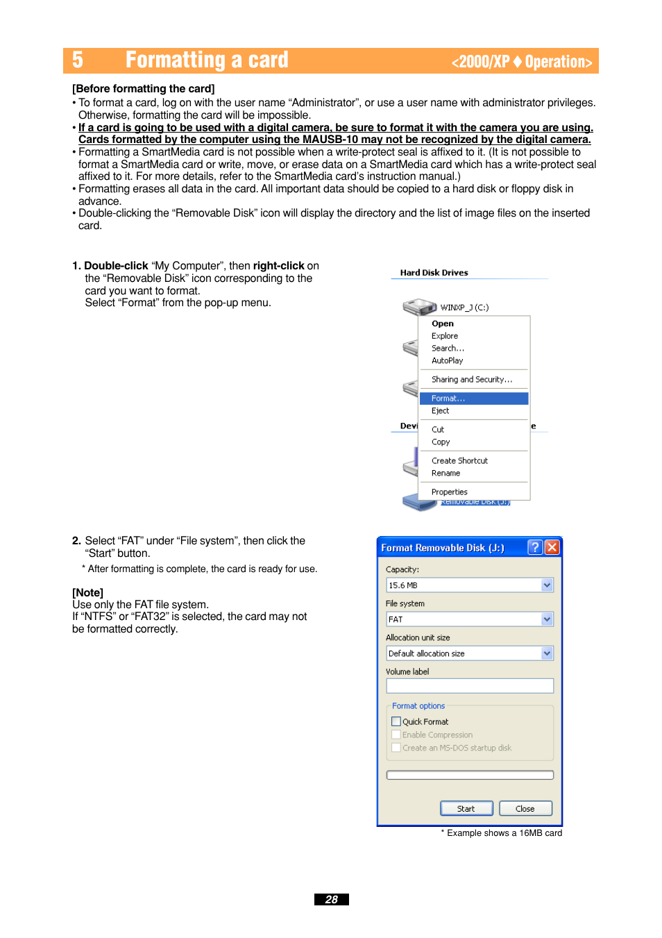 5formatting a card, 2000/xp ࡗ operation | Olympus MAUSB-10 User Manual | Page 28 / 52