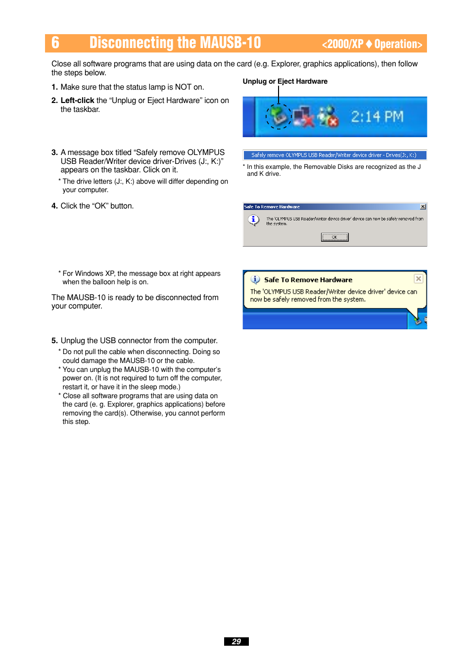 6disconnecting the mausb-10, 2000/xp ࡗ operation | Olympus MAUSB-10 User Manual | Page 29 / 52