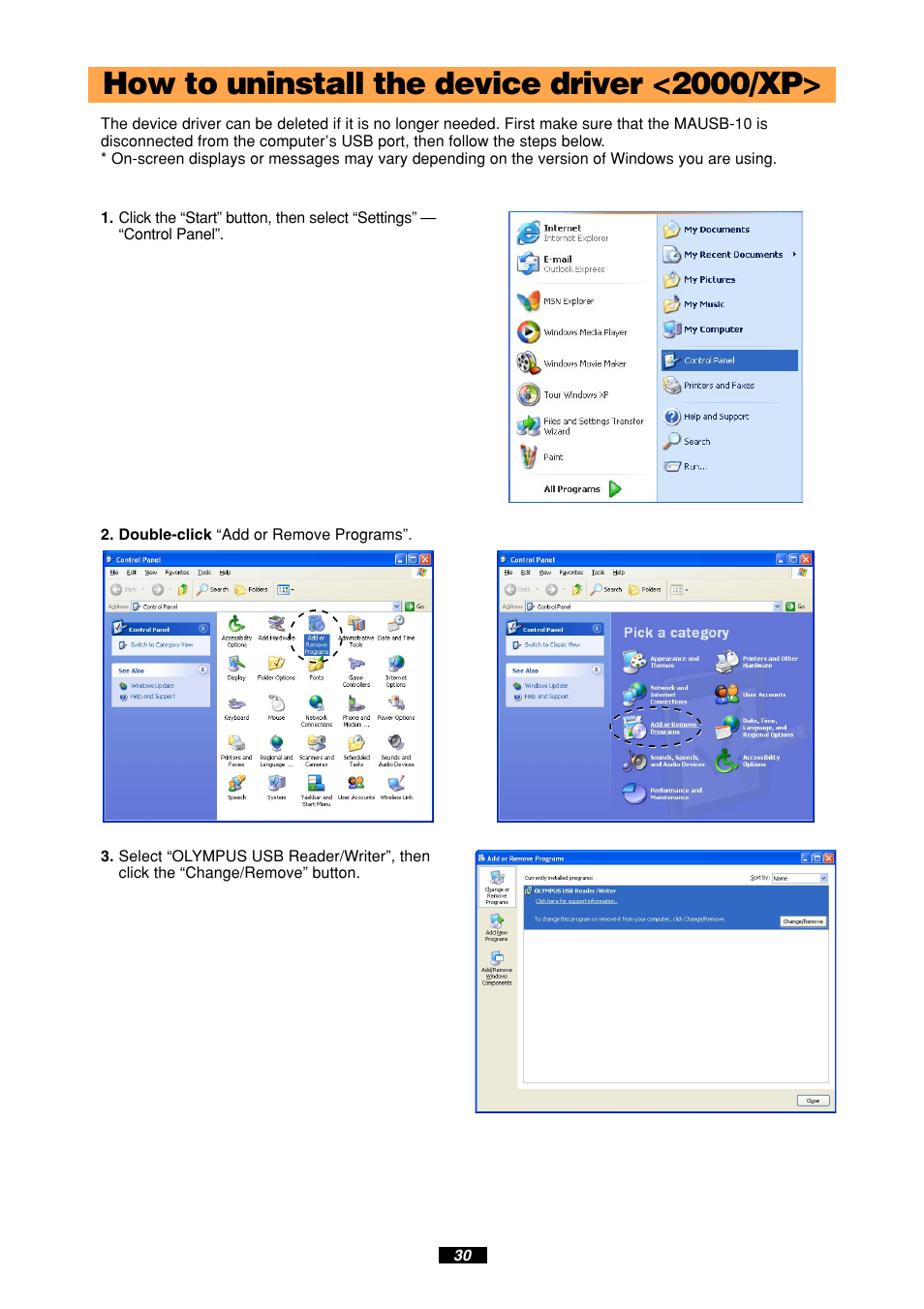 How to uninstall the device driver <2000/xp | Olympus MAUSB-10 User Manual | Page 30 / 52