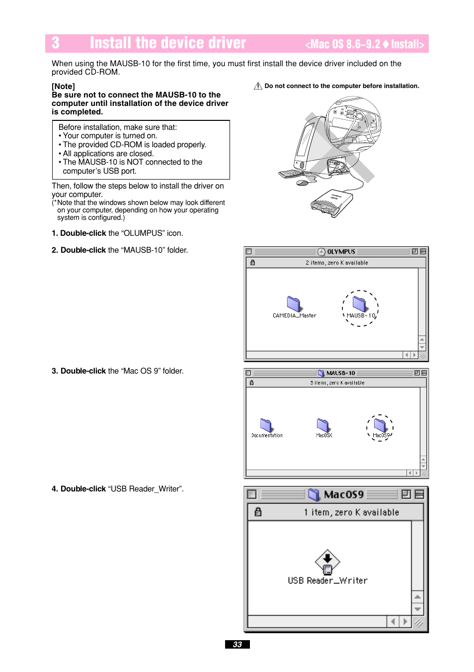 3install the device driver, Mac os 8.6~9.2 ࡗ install | Olympus MAUSB-10 User Manual | Page 33 / 52