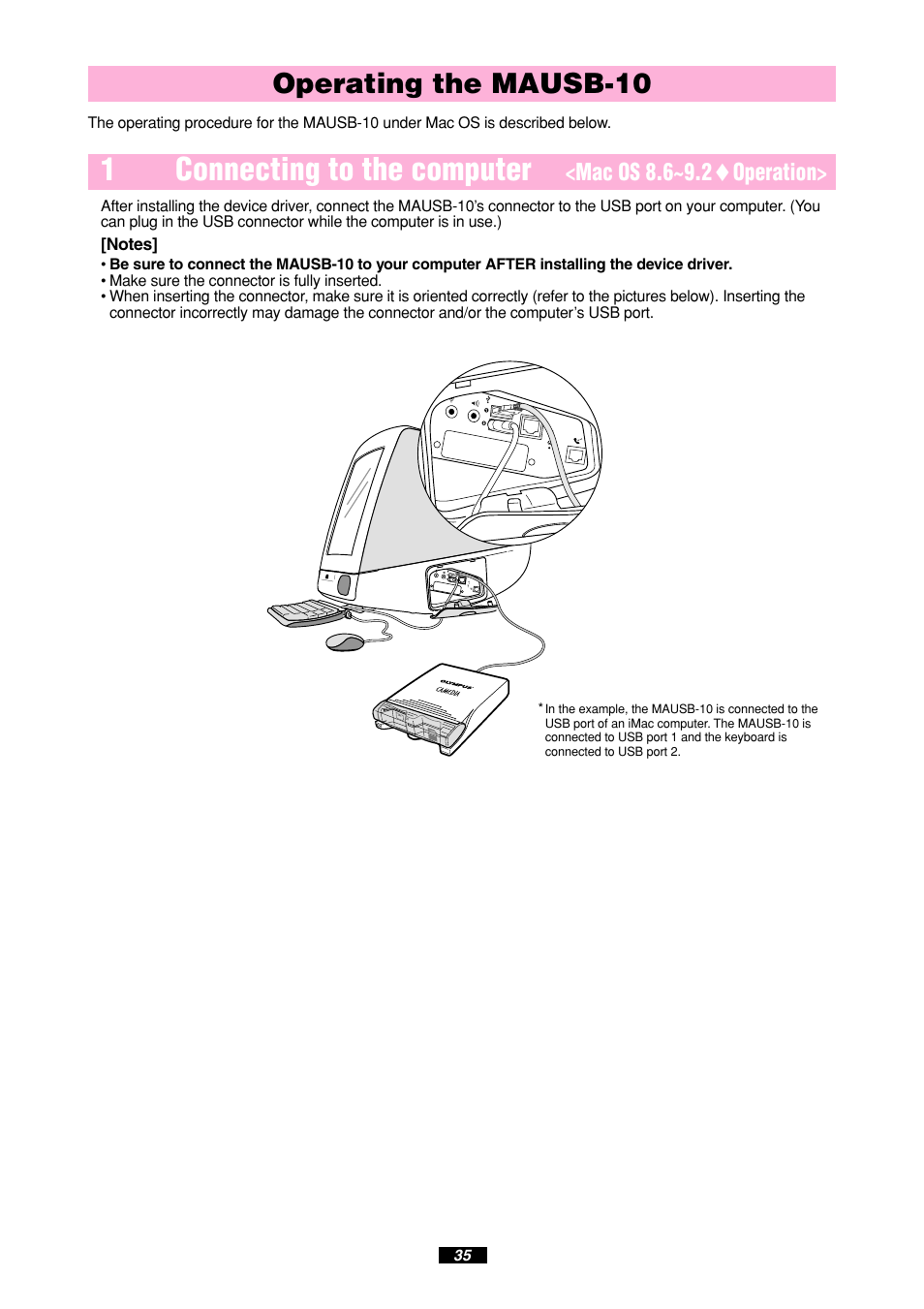 1connecting to the computer, Operating the mausb-10, Mac os 8.6~9.2 ࡗ operation | Olympus MAUSB-10 User Manual | Page 35 / 52