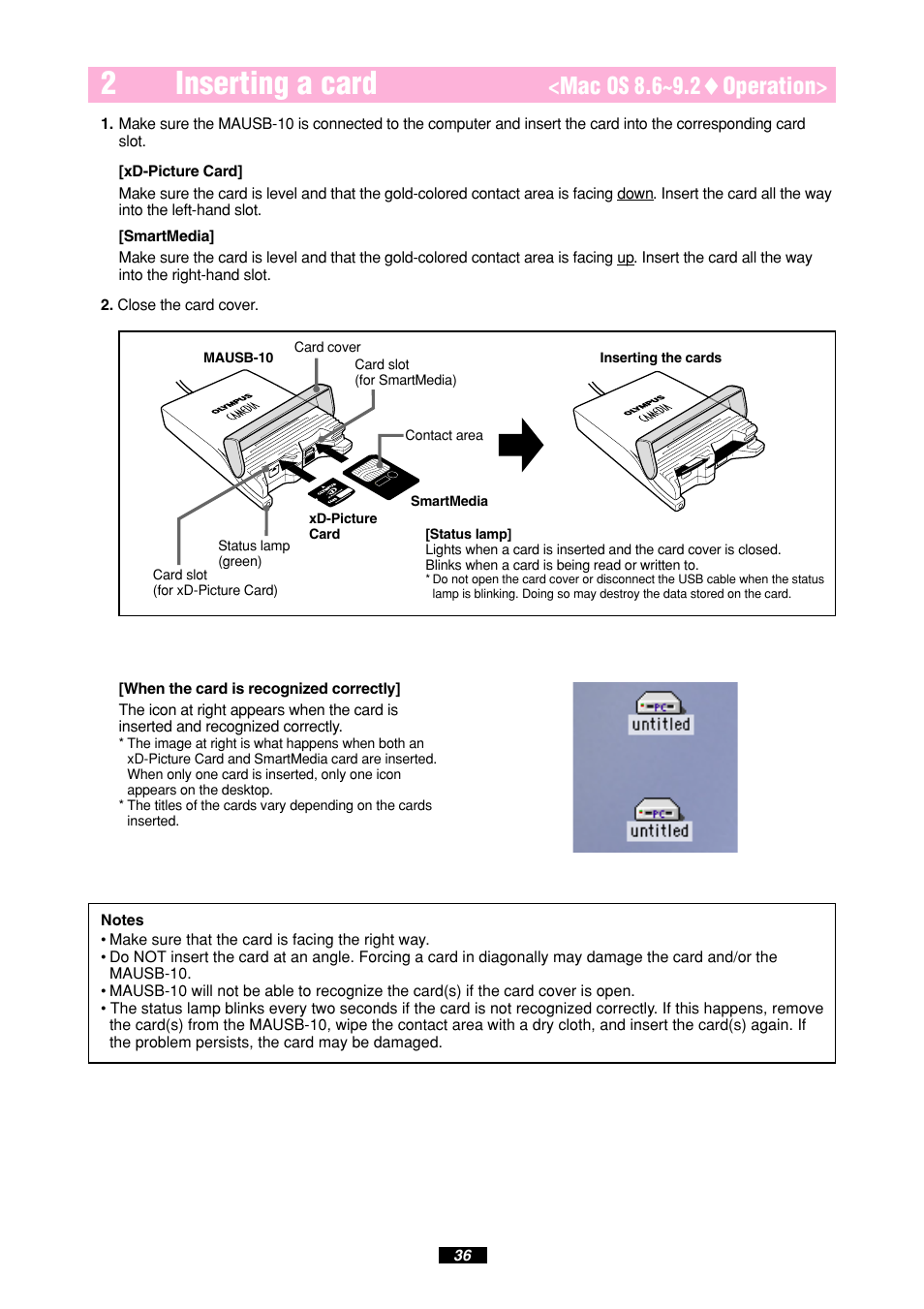 2inserting a card, Mac os 8.6~9.2 ࡗ operation | Olympus MAUSB-10 User Manual | Page 36 / 52