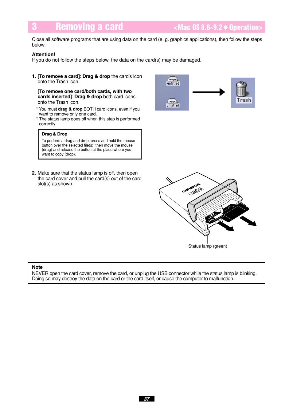 3removing a card, Mac os 8.6~9.2 ࡗ operation | Olympus MAUSB-10 User Manual | Page 37 / 52