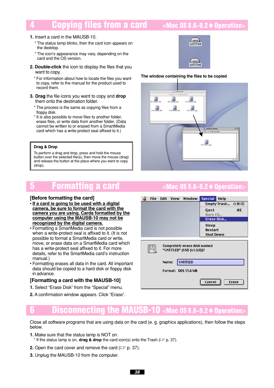 4copying files from a card, 5formatting a card, 6disconnecting the mausb-10 | Mac os 8.6~9.2 ࡗ operation | Olympus MAUSB-10 User Manual | Page 38 / 52