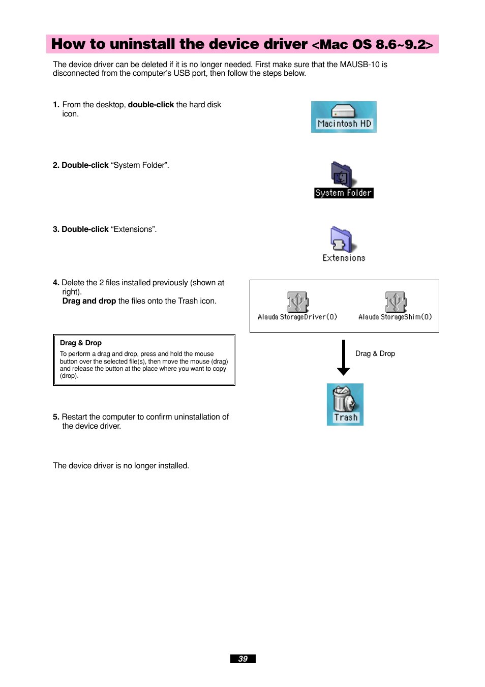 How to uninstall the device driver, Mac os 8.6~9.2 | Olympus MAUSB-10 User Manual | Page 39 / 52