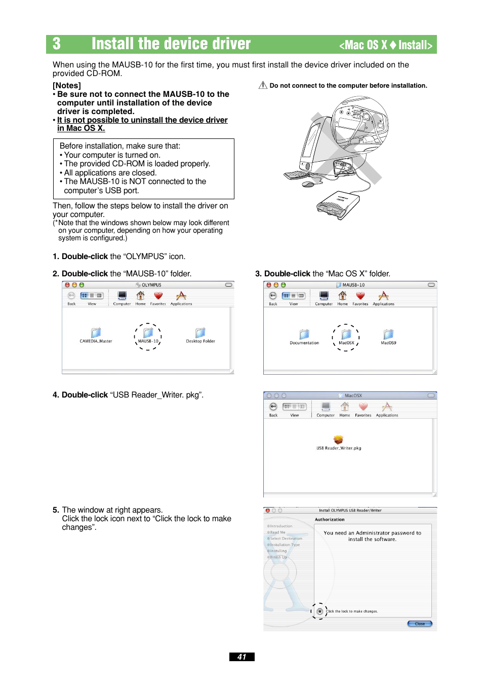 3install the device driver, Mac os x ࡗ install | Olympus MAUSB-10 User Manual | Page 41 / 52