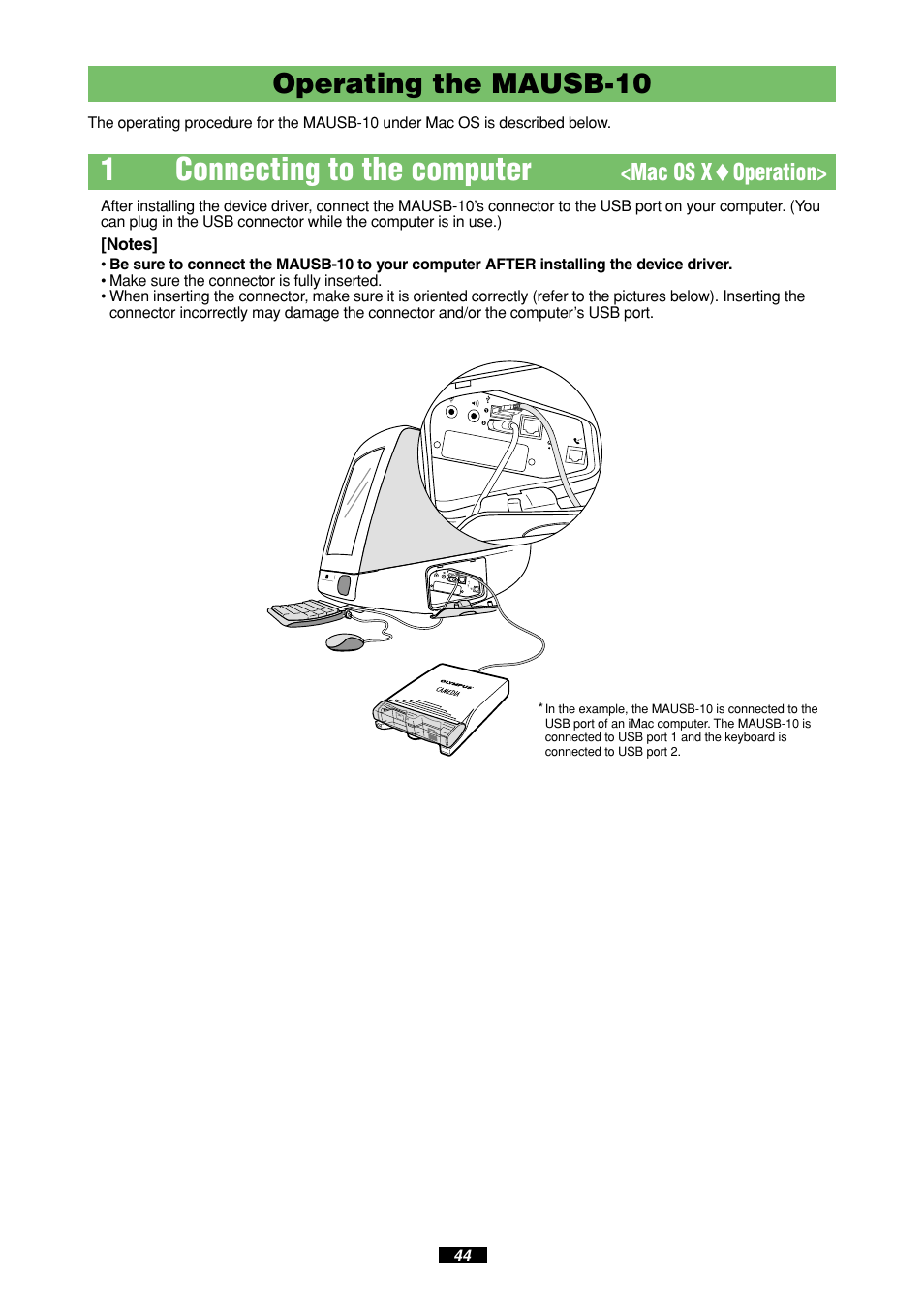 1connecting to the computer, Operating the mausb-10, Mac os x ࡗ operation | Olympus MAUSB-10 User Manual | Page 44 / 52