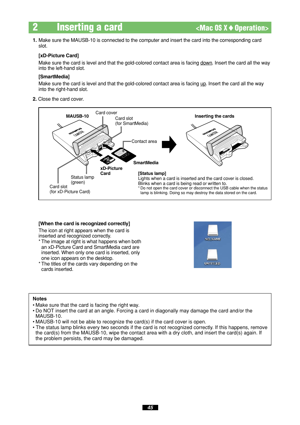 2inserting a card, Mac os x ࡗ operation | Olympus MAUSB-10 User Manual | Page 45 / 52