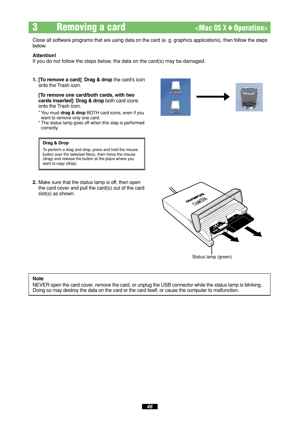 3removing a card, Mac os x ࡗ operation | Olympus MAUSB-10 User Manual | Page 46 / 52