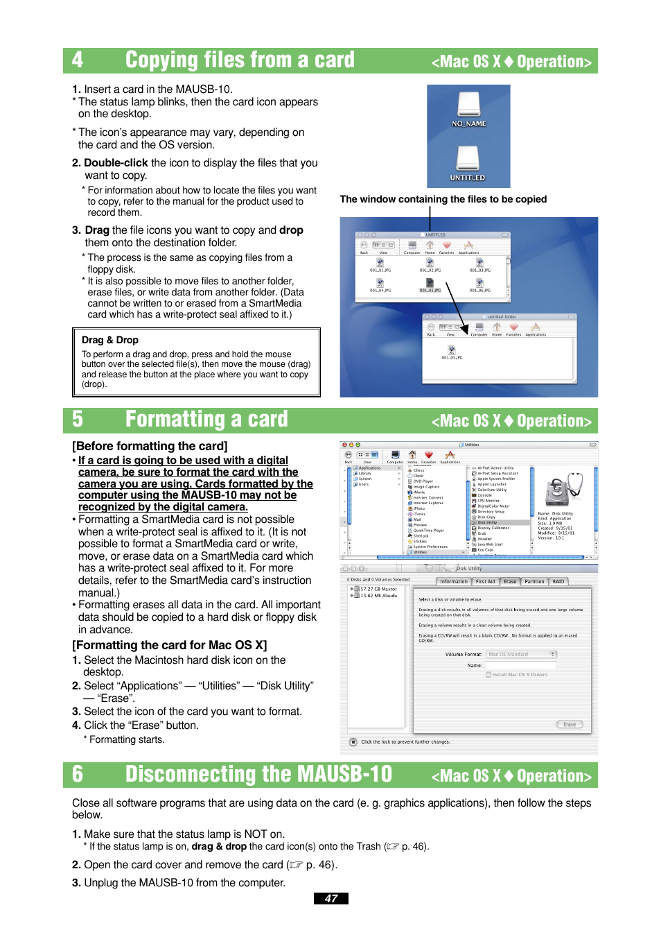 4copying files from a card, 5formatting a card, 6disconnecting the mausb-10 | Mac os x ࡗ operation | Olympus MAUSB-10 User Manual | Page 47 / 52