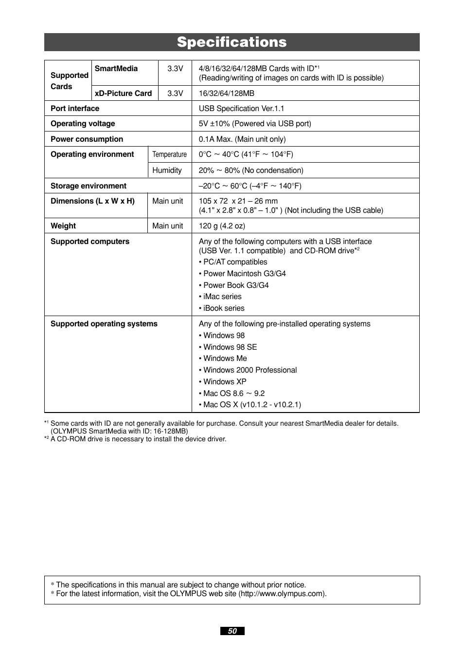 Specifications | Olympus MAUSB-10 User Manual | Page 50 / 52