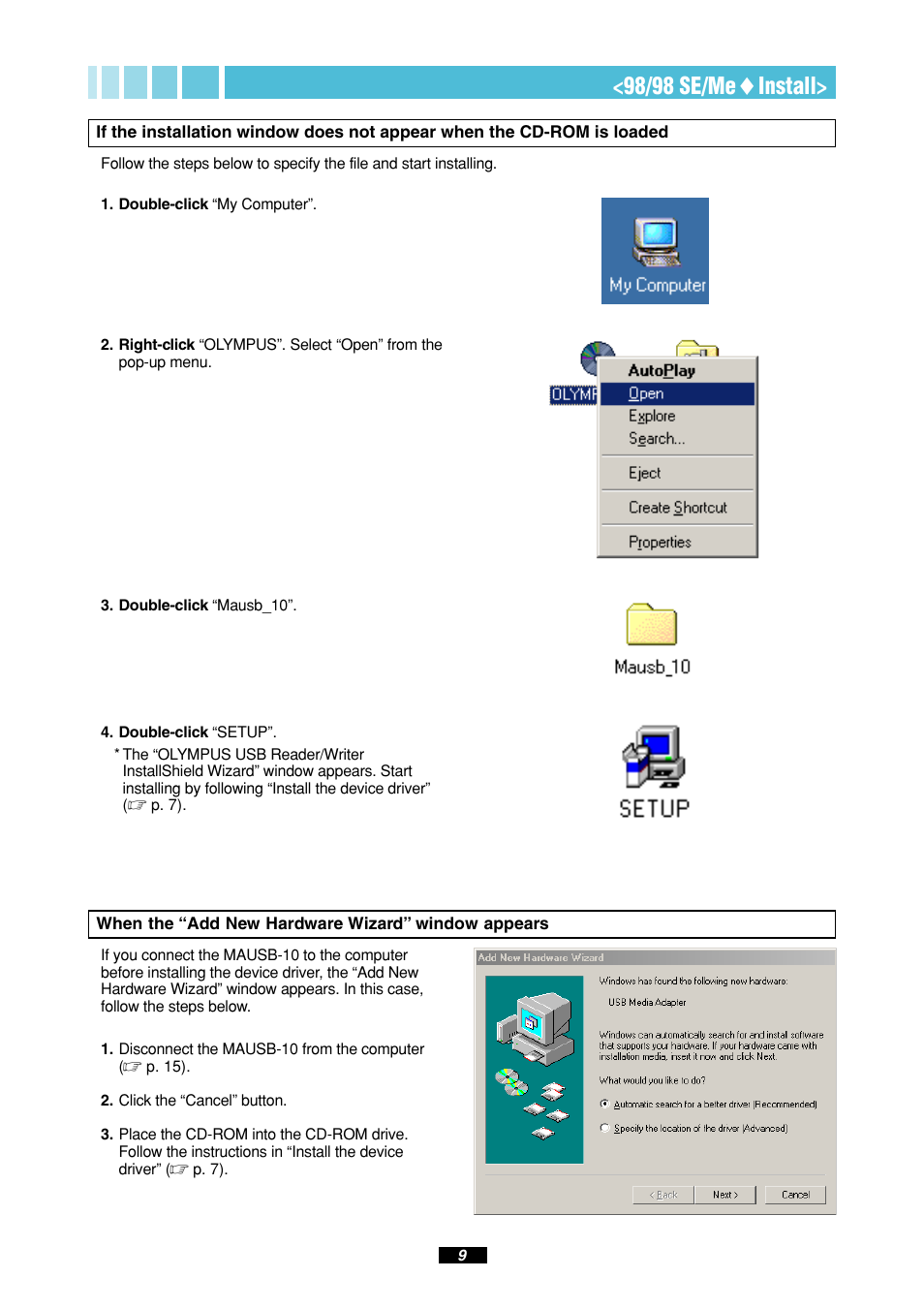 98/98 se/me ࡗ install | Olympus MAUSB-10 User Manual | Page 9 / 52