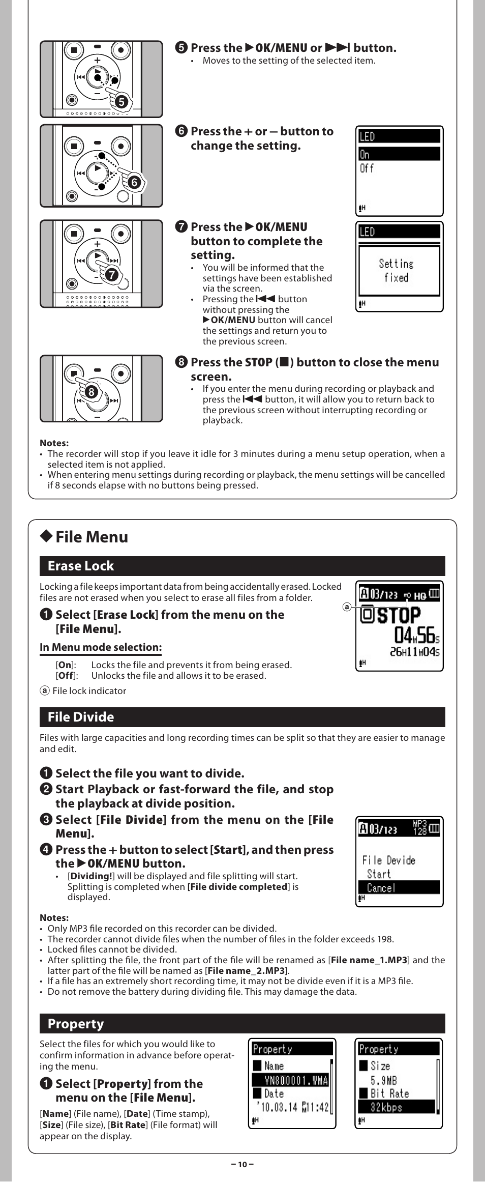 H file menu, Erase lock, File divide | Property | Olympus VN-801PC User Manual | Page 10 / 18