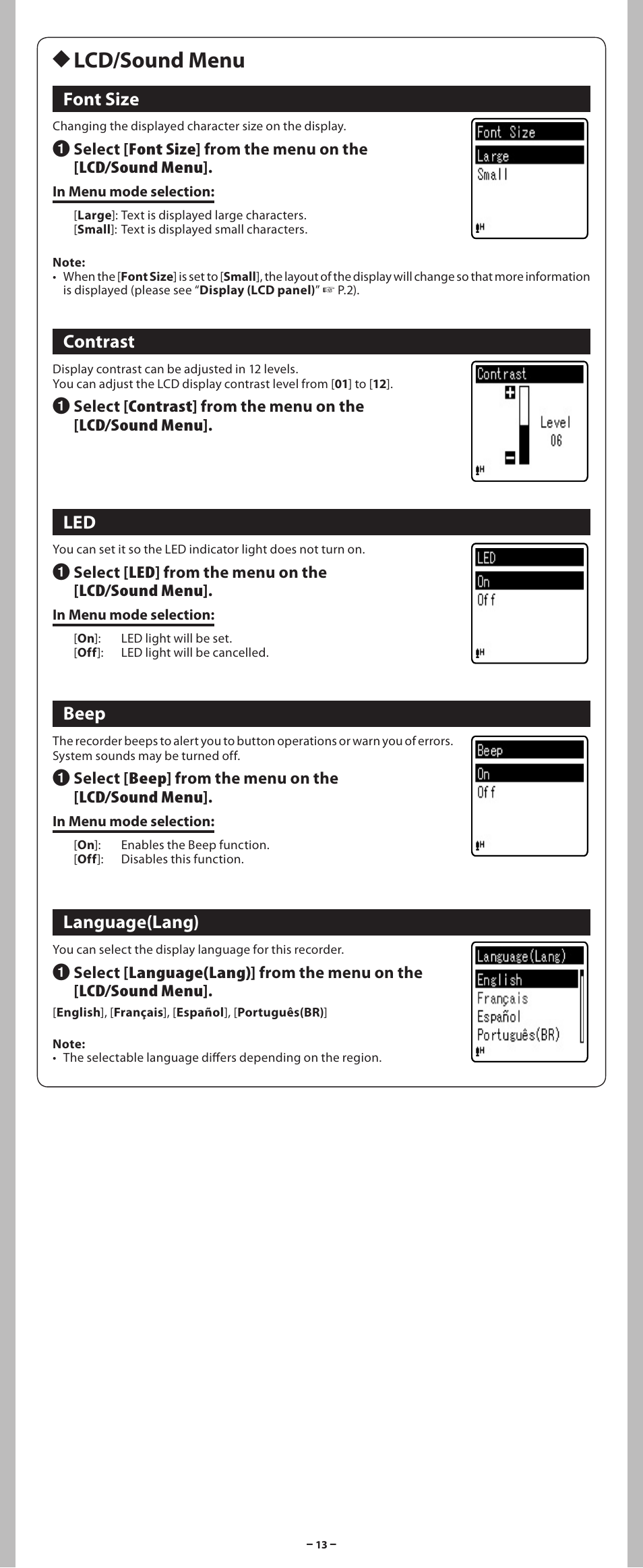 H lcd/sound menu, Font size, Contrast | Beep, Language(lang) | Olympus VN-801PC User Manual | Page 13 / 18
