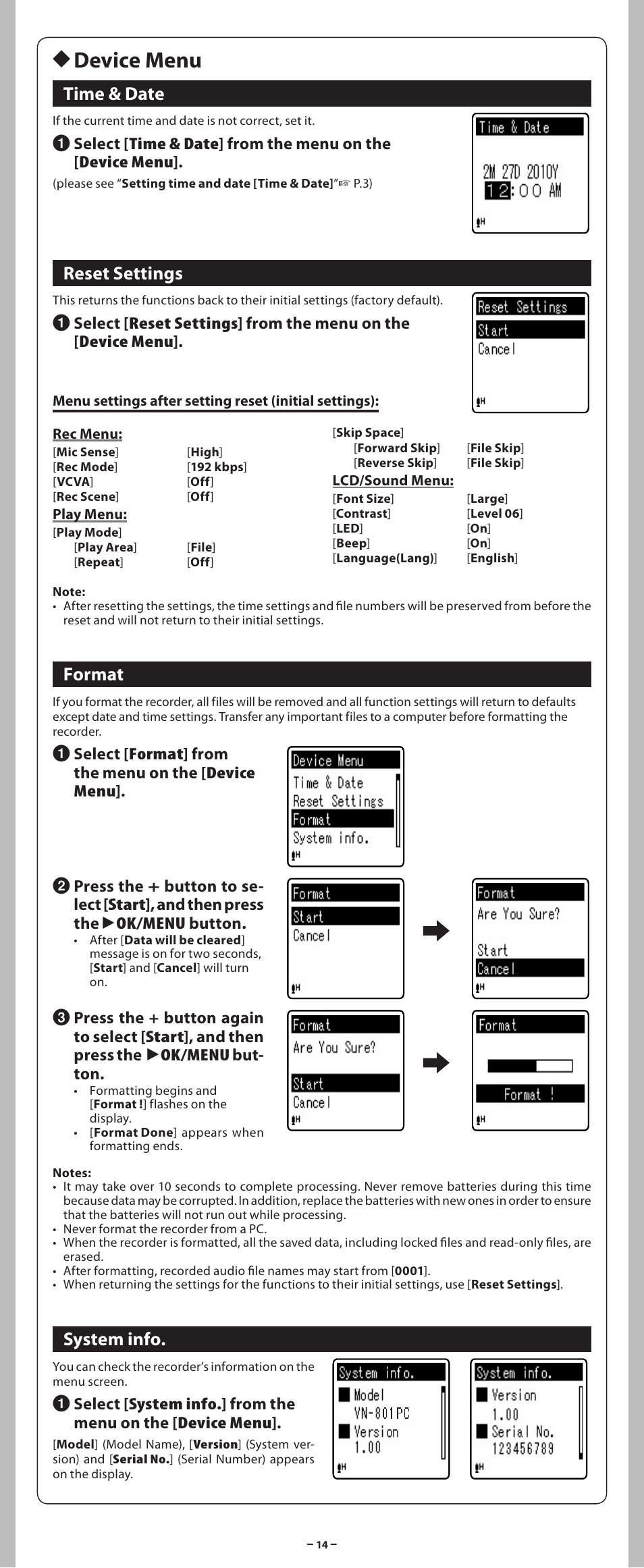 H device menu, Time & date, Reset settings | Format, System info | Olympus VN-801PC User Manual | Page 14 / 18