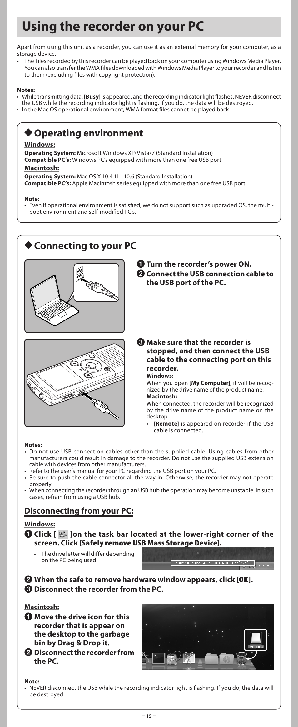 Using the recorder on your pc, H operating environment, H connecting to your pc | Disconnecting from your pc | Olympus VN-801PC User Manual | Page 15 / 18