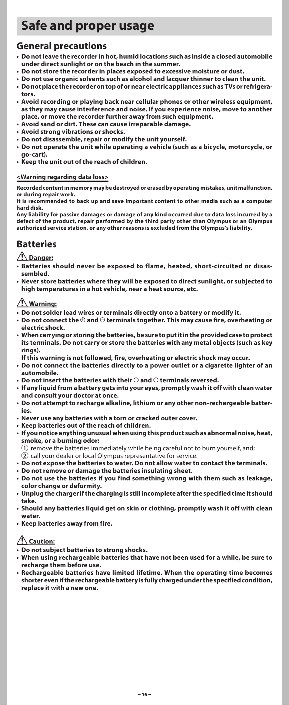 Safe and proper usage, General precautions, Batteries | Olympus VN-801PC User Manual | Page 16 / 18