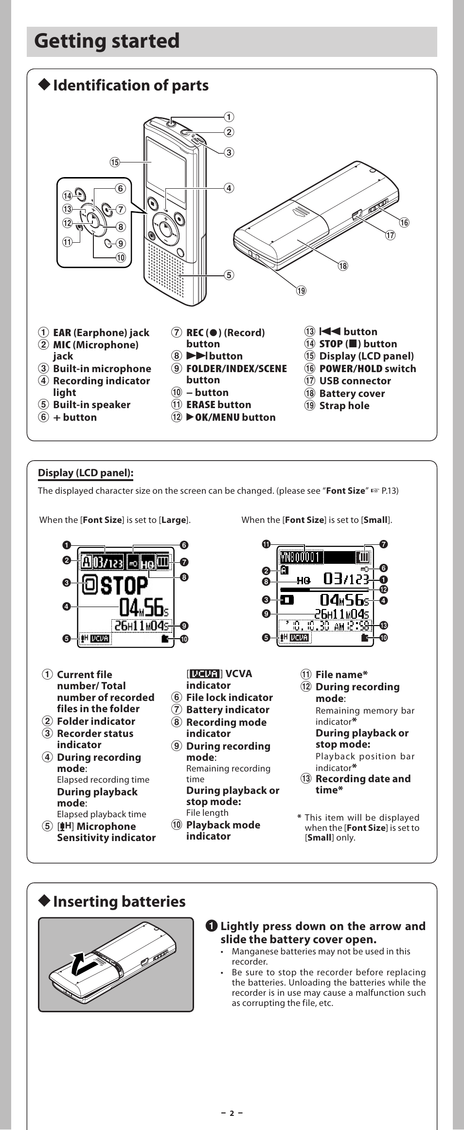 Getting started, H inserting batteries h identification of parts | Olympus VN-801PC User Manual | Page 2 / 18