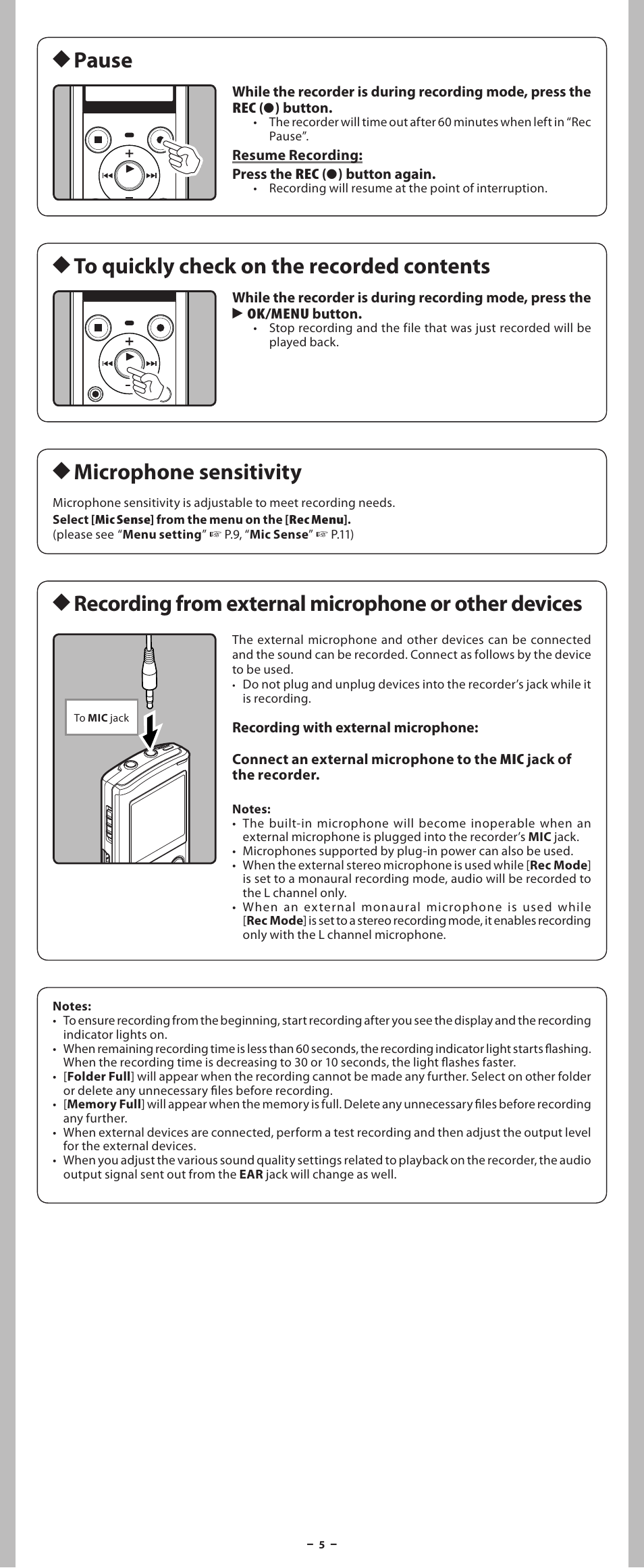 H pause, H to quickly check on the recorded contents, H microphone sensitivity | Olympus VN-801PC User Manual | Page 5 / 18