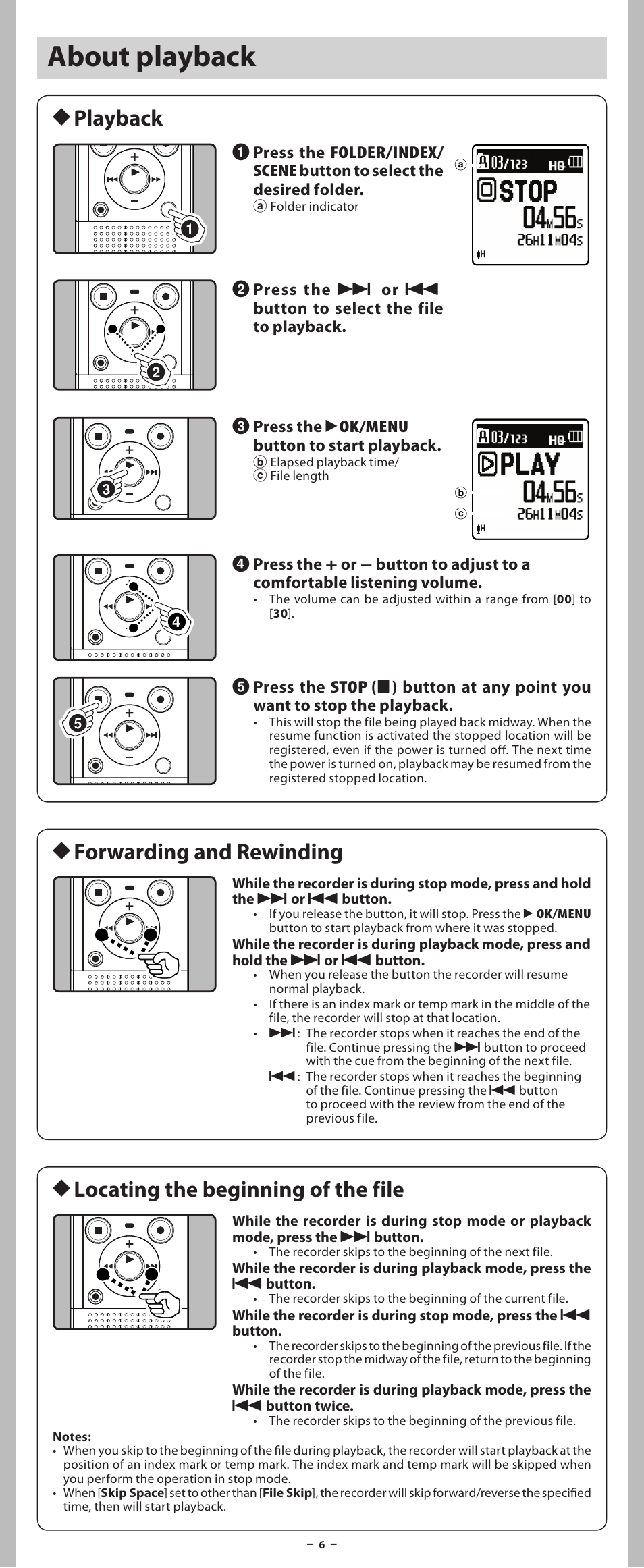 About playback, H playback, H forwarding and rewinding | H locating the beginning of the file | Olympus VN-801PC User Manual | Page 6 / 18