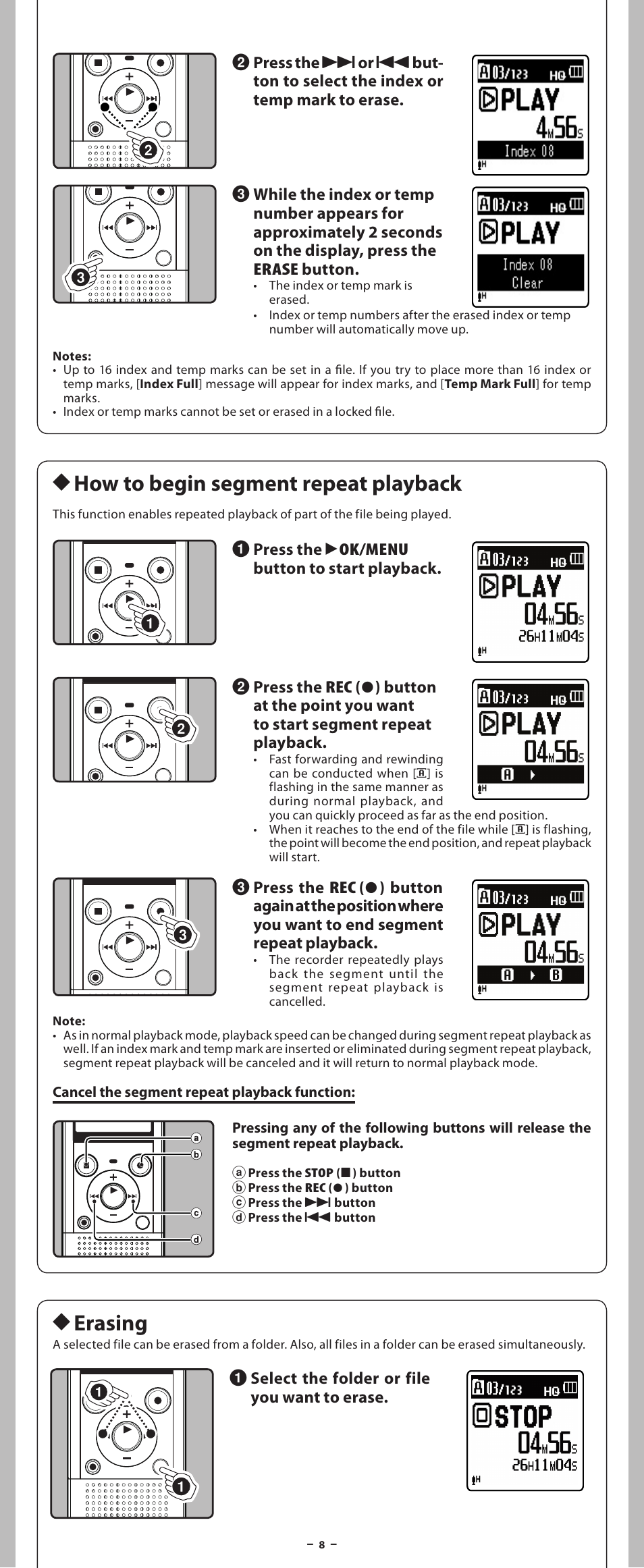 H how to begin segment repeat playback, H erasing | Olympus VN-801PC User Manual | Page 8 / 18