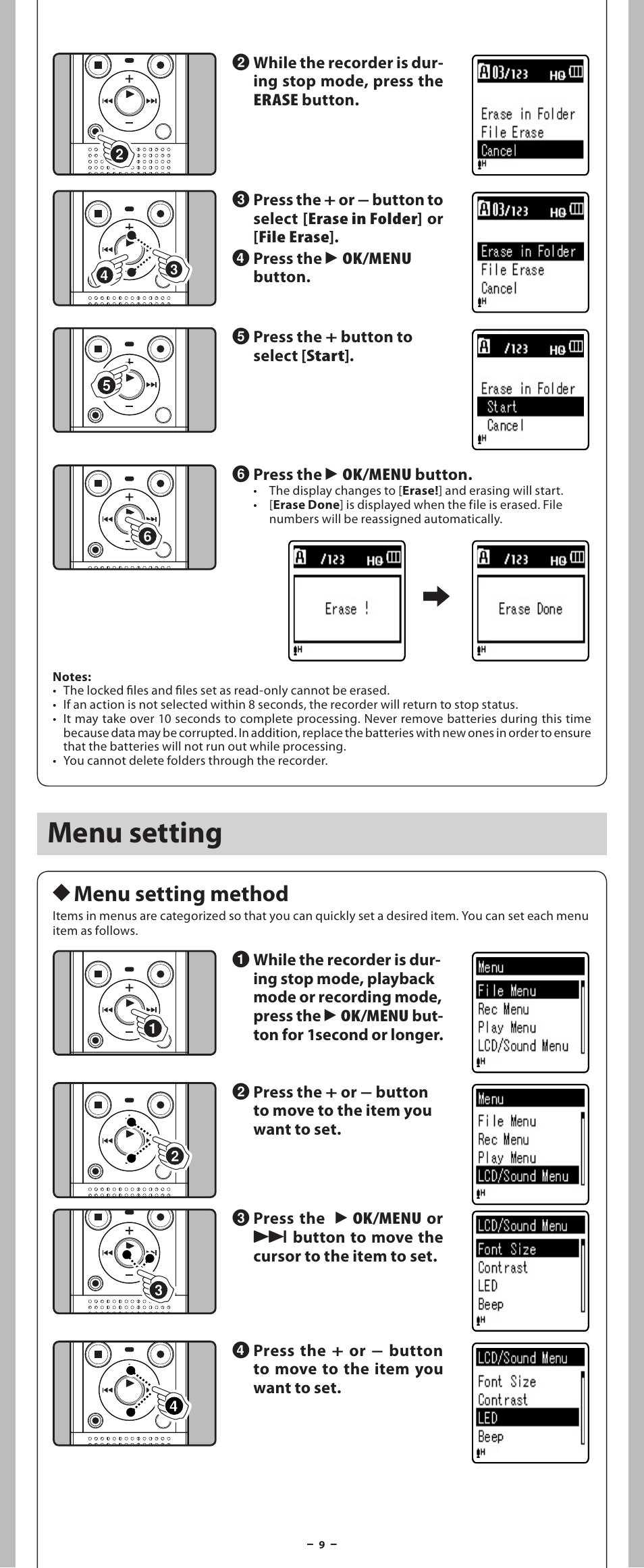 Menu setting, H menu setting method | Olympus VN-801PC User Manual | Page 9 / 18