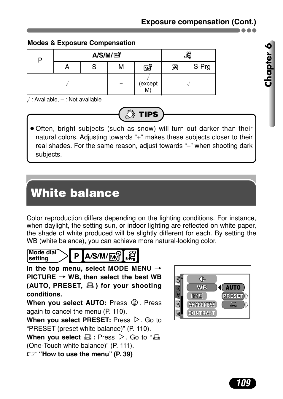 White balance, Chapter 6, Exposure compensation (cont.) | Tips | Olympus C-4000 Zoom User Manual | Page 110 / 245